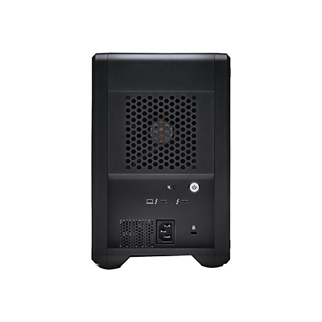 Schwarzes Computergehäuse mit Lüftungsgitter, Power-Knopf, Anschlüssen und Netzkabelanschluss auf weißem Hintergrund.