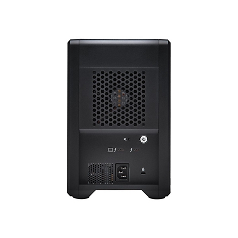 Schwarzer ComputerTower, Rückseite, Lüftungsgitter, Anschlüsse für Strom und Daten.