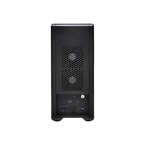 Schwarzer Tower-PC, Rückansicht. Gittermuster, Lüfter, Anschlüsse und ein Power-Button.