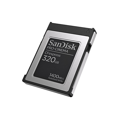 CFexpress-Karte von SanDisk. Schwarz-silbernes Design mit Aufschrift '320 GB' und '1400 MB/s'.
