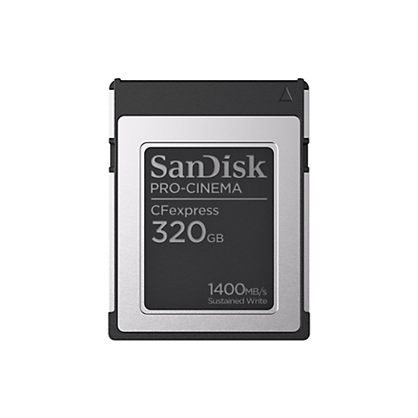 SanDisk Pro-Cinema CFexpress Speicherkarte. Schwarzes Gehäuse mit Silberrahmen. Aufschrift: 320 GB, 1400 MB/s.