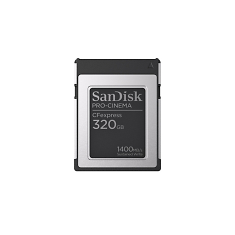 CFexpress Speicherkarte von Sandisk, 320 GB, schwarz und silber. Aufschrift: Pro-Cinema, CFexpress, 1400 MB/s sustained write.