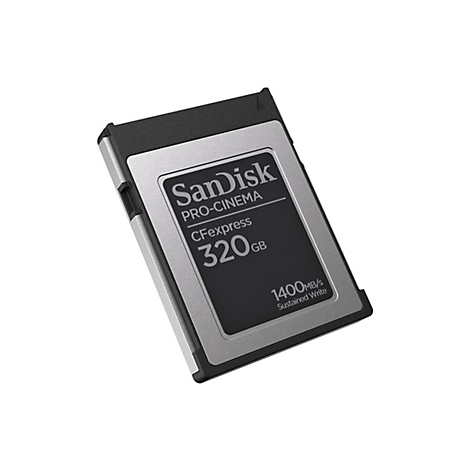 Nahaufnahme einer Sandisk CFexpress-Speicherkarte. Schwarz, Silber. Aufschrift: Sandisk, 320 GB, 1400 MB/s.