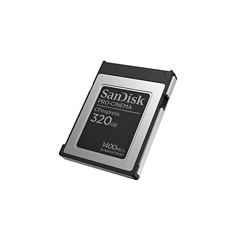 CFexpress-Karte von SanDisk Pro-Cinema, silber-schwarz. Mit Text: 320GB, 1400MB/s, Sustained Write.