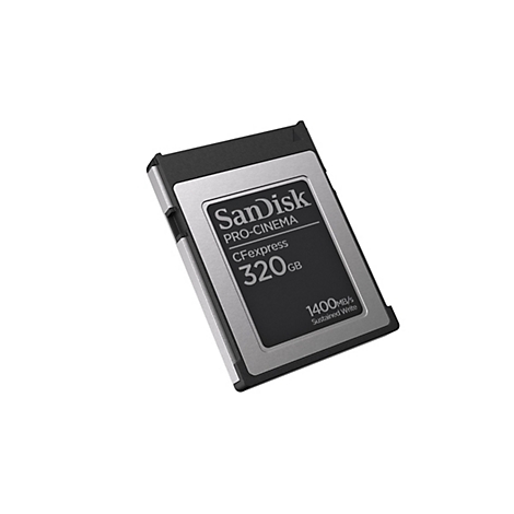 Nahaufnahme einer schwarzen und silbernen CFexpress-Karte mit der Aufschrift SanDisk Pro-Cinema, 320 GB und 1400 MB/s.
