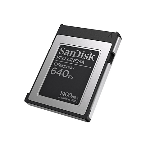 CFexpress-Speicherkarte von SanDisk, 640 GB, 1400 MB/s. Schwarzes Gehäuse mit silbernem Rahmen und Logo-Schriftzug.