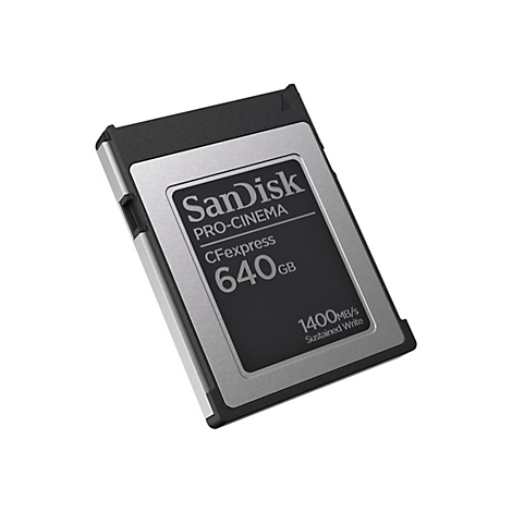 SanDisk Pro-Cinema CFexpress-Karte mit 640 GB, silber-schwarz. Aufschrift: 1400MB/s Sustained Write.