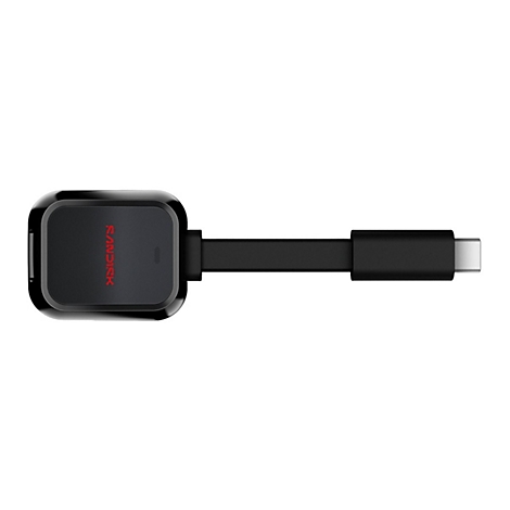 Schwarzer USB-Adapter mit rotem SanDisk-Logo auf dem Oberteil. Am Ende ein USB-C-Anschluss.