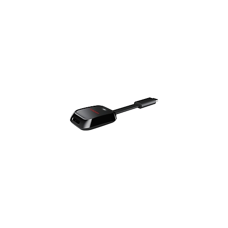 Schwarzer USB-Adapter mit rotem Schriftzug, USB-A-Anschluss und Kabel mit USB-C-Stecker.