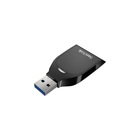 Schwarzer USB-Kartenleser mit silbernem USB-Stecker. Die Marke Sandisk ist auf der Oberseite eingraviert.