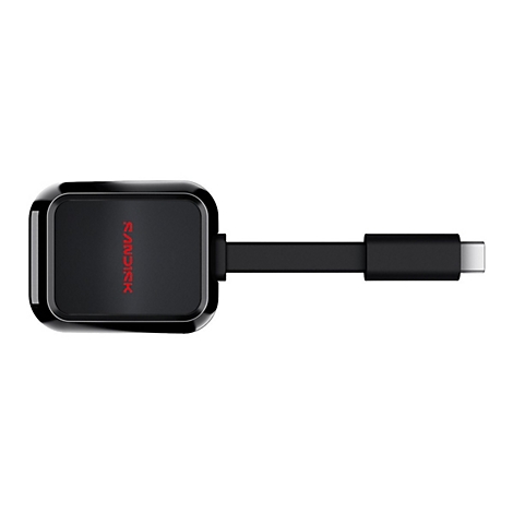 Schwarzer USB-C-Adapter mit rotem Sandisk-Schriftzug.