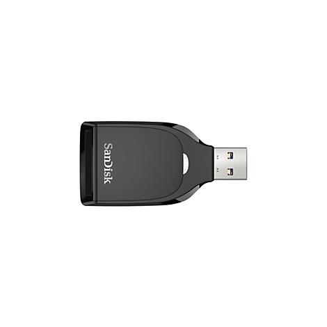 Ein schwarzer USB-Stick der Marke SanDisk, auf weißem Hintergrund.