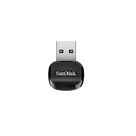 Une clé USB noire avec l'inscription "SanDisk" sur fond blanc.