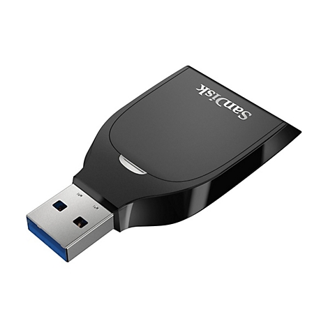 Lecteur de carte USB Sandisk noir avec connecteur USB argenté. Logo Sandisk sur le dessus.