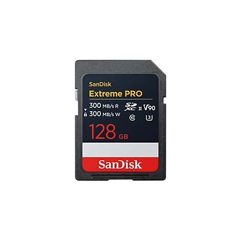 Une carte SD SanDisk, modèle Extreme Pro, 128 Go. Inscription : 300 Mo/s R, 300 Mo/s W, et autres logos.