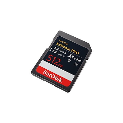 Carte SD SanDisk Extreme PRO, 512 Go, avec lettrage jaune sur fond noir, étiquette rouge avec texte blanc, isolée sur fond blanc.