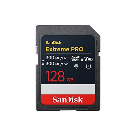 Carte SD SanDisk Extreme Pro noire, 128 Go, avec lettrage rouge et jaune.