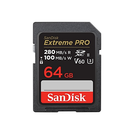 Carte SD noire SanDisk Extreme Pro. Inscription : 64 Go, 280 Mo/s, V60. Texte rouge Sandisk en bas.
