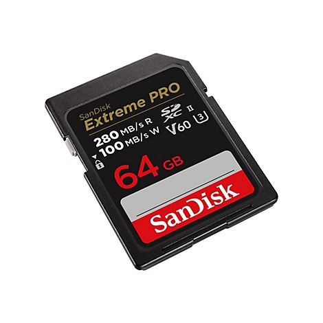 Carte SD Sandisk Extreme PRO noire, 64 Go. Inscriptions : 280 Mo/s R, 100 Mo/s W, V60. Inscription : Sandisk.