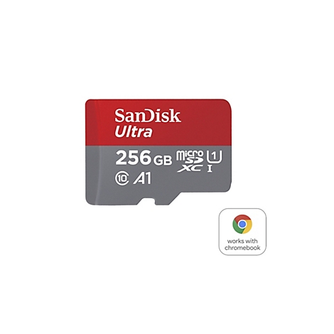 Une carte micro SD SanDisk Ultra rouge et grise avec des lettres blanches. La carte a une capacité de 256 Go et le logo "works with chromebook".