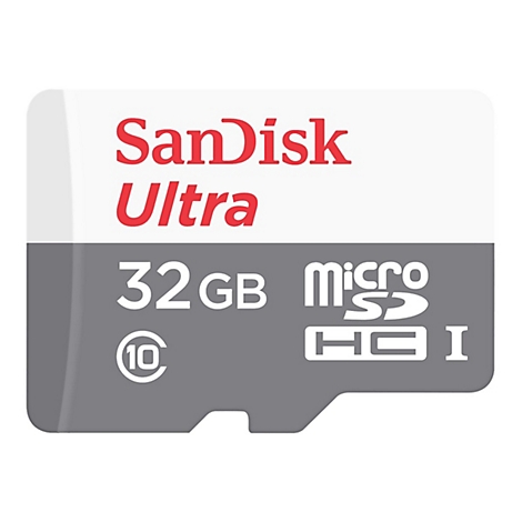 Carte Micro SD SanDisk Ultra. Logo rouge et blanc, 32 Go, gris.