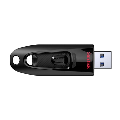 Clé USB noire Sandisk sur fond blanc. "Sandisk" est écrit en rouge.