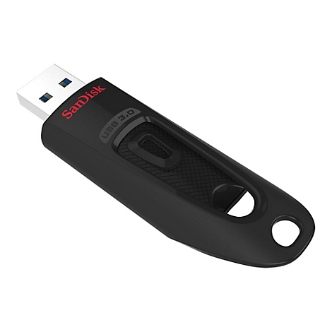 Clé USB noire SanDisk. Le nom de la marque et l'indication USB 3.0 sont imprimés dessus.