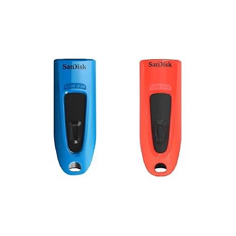 Deux clÃ©s USB : une bleue, une rouge. Les deux ont un cÅ“ur noir, le logo de l'entreprise 'Sandisk' et 'USB 3.0'.