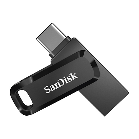 Schwarzer USB-Stick mit SanDisk-Logo und USB-C-Anschluss.