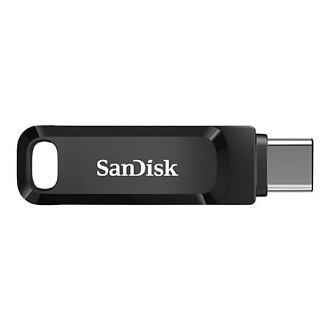 Schwarzer USB-Stick mit dem Schriftzug "SanDisk" und einem Loch. Der Stecker ist USB-C.