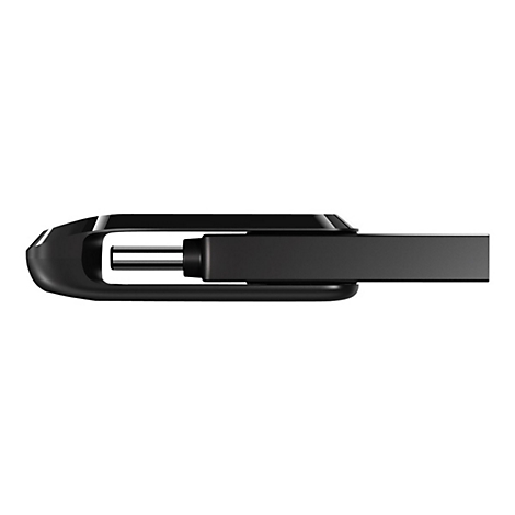 Detaillierte Nahaufnahme eines schwarzen USB-Sticks, der horizontal vor einem weißen Hintergrund liegt.