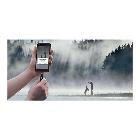Person hält Smartphone mit Fehlermeldung. Im Hintergrund Nebel über einem See, Mann mit Hund.