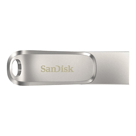 Clé USB argentée avec l'inscription "SanDisk". Elle possède un trou pour l'attache.