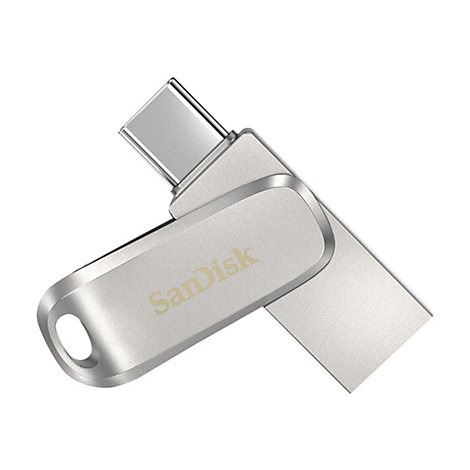 Clé USB argentée avec le logo Sandisk. Elle montre un connecteur USB-C.