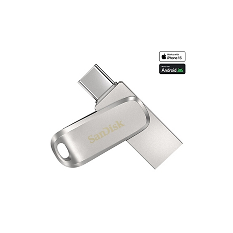 Une clé USB argentée SanDisk. Sur l'emballage, il est écrit "Works with iPhone 15" et "Works with Android".