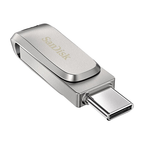 Clé USB-C argentée SanDisk. Le connecteur est orienté vers le bas.