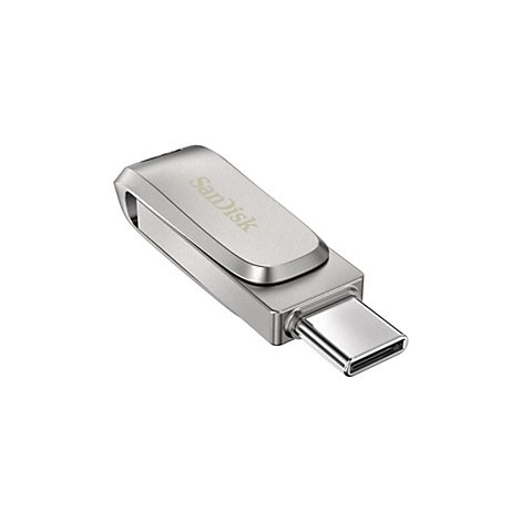 Silberfarbener USB-Stick von SanDisk auf weißem Hintergrund. Sichtbar sind die Marke und der USB-C-Anschluss.