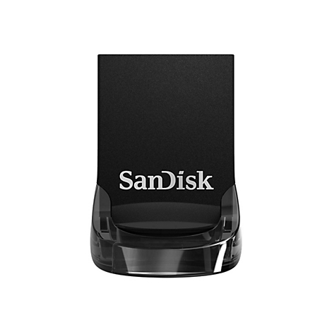 Clé USB noire SanDisk avec boîtier transparent. Le mot "SanDisk" est clairement visible.