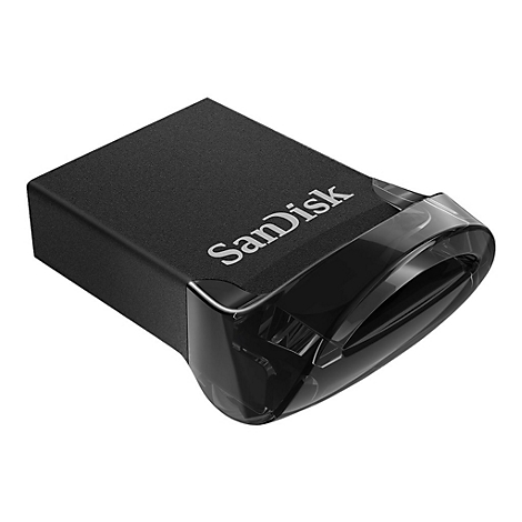 Clé USB noire avec logo SanDisk. Protection transparente à l'extrémité.
