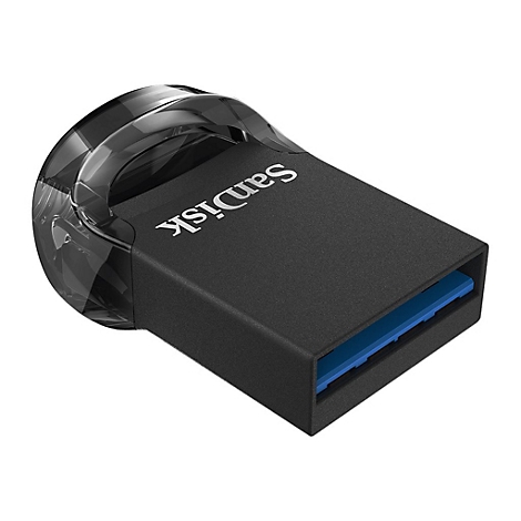 Clé USB noire avec poignée transparente, logo SanDisk. Côté connecteur USB bleu.