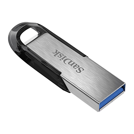 Clé USB SanDisk, argentée métallique avec élément en plastique noir. Texte : "SanDisk".