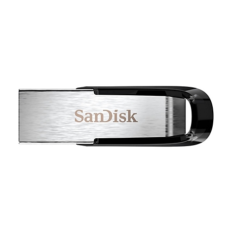 Clé USB Sandisk. Corps métallique argenté avec extrémité en plastique noir. Le texte "SanDisk" est visible en argent.