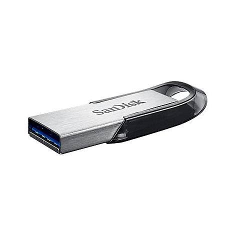 Une clÃ© USB SanDisk, aspect mÃ©tal, avec fixation noire.