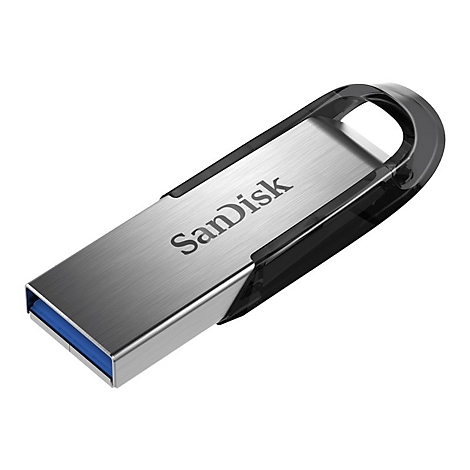 Clé USB SanDisk argentée, boucle noire, fond blanc.