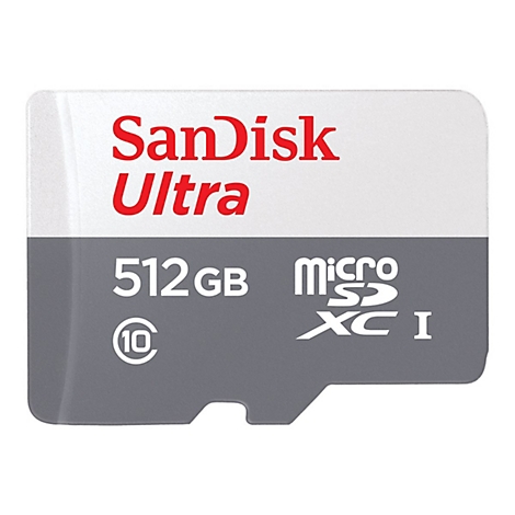 Grau-weiße SanDisk Ultra Micro-SD-Karte. Schriftzug SanDisk Ultra, 512 GB, Micro SD XC I.