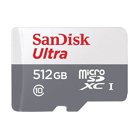 SD-Karte von SanDisk, weiß-grau mit rotem Schriftzug 'SanDisk Ultra' und '512GB'.