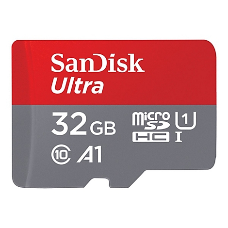 Carte mÃ©moire Sandisk Ultra, rouge et grise. CapacitÃ© de 32 Go, micro SD, classe 10, A1.