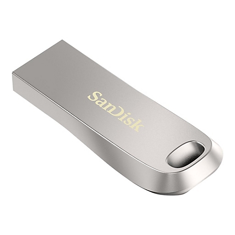 Clé USB argentée SanDisk. Le nom de la marque est sur la clé.