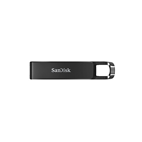 Schwarzer SanDisk USB-Stick, silberner Schriftzug. Form ist rechteckig, mit einer Öffnung am Ende.
