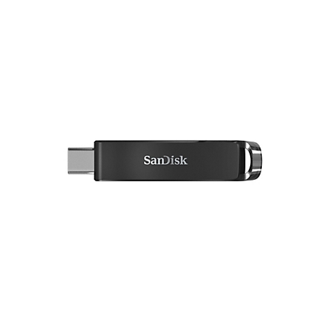 Schwarzer USB-Stick von SanDisk mit Typ-C-Anschluss, auf weißem Hintergrund.
